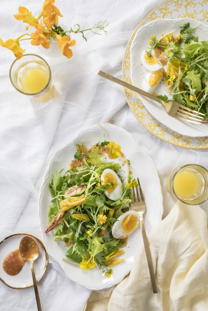 Baby Greens With Beetroot Leaves, Soft-Boiled Egg, And Hot Guava Dressing