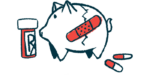 A piggy bank standing next to a prescription medicine bottle with a crack inside illustrates the high cost of medical care.