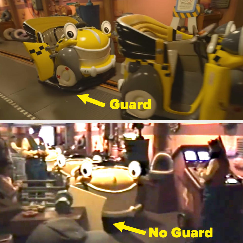 Arrows showing running cars, one without a guard and one with a guard