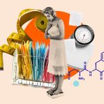A photo collage shows a woman weighing herself;  sachets of artificial sweetener;  a tape measure;  a scale;  and a molecular diagram.