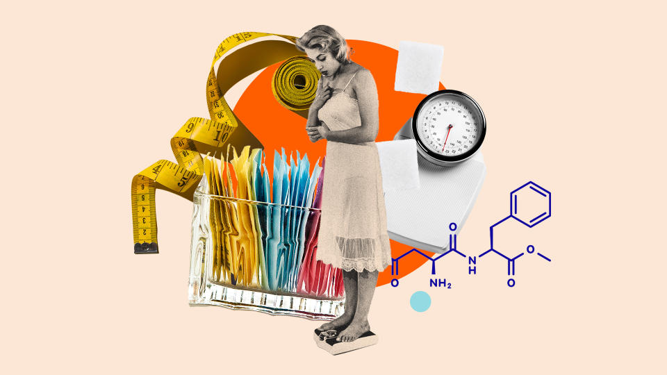 A photo collage shows a woman weighing herself; sachets of artificial sweetener; a tape measure; a scale; and a molecular diagram.