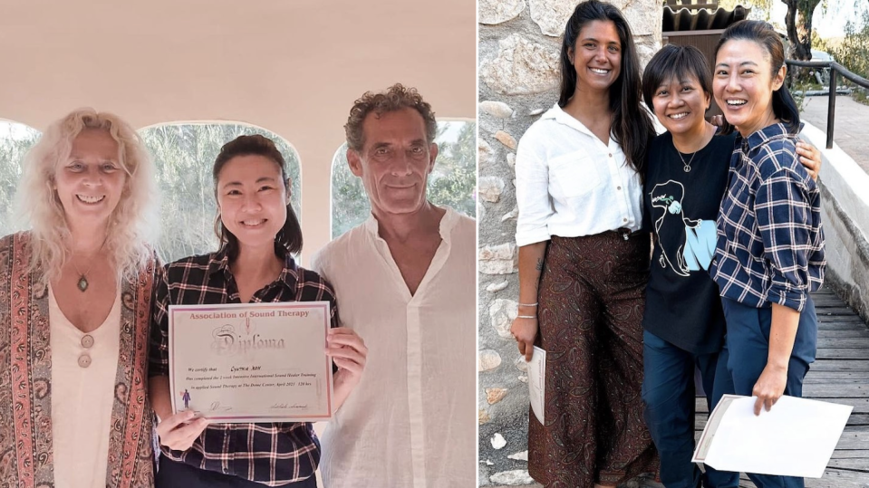 Actress Cynthia Koh with her sound healing diploma certificate in Spain (left) and her new harmonic family (Photo: cynthiakoh27/Instagram)