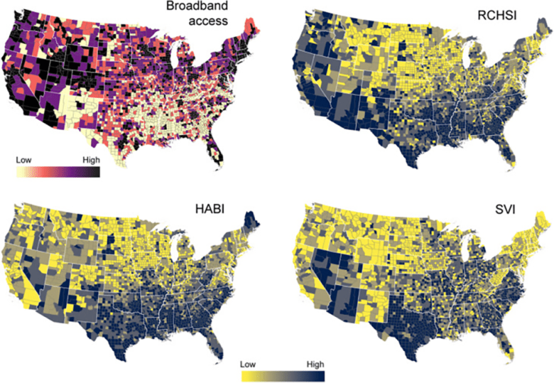 Maps showing broadband access and healthcare systems in the United States