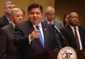 Governor JB Pritzker speaks during a news conference at Chicago Union Station on June 26, 2023.