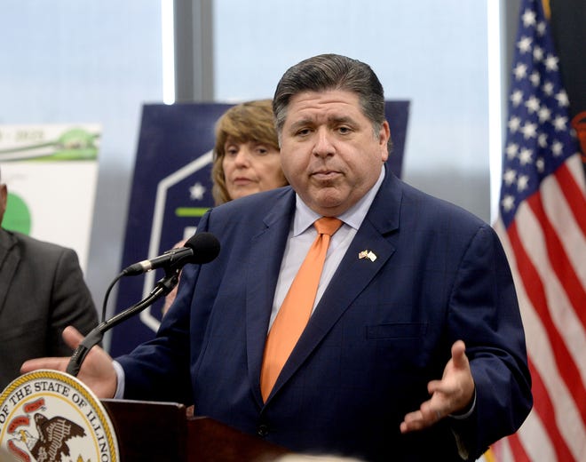 Illinois Governor JB Pritzker speaks during a news conference at the Horace Mann Building in Springfield on Wednesday, April 5, 2023.