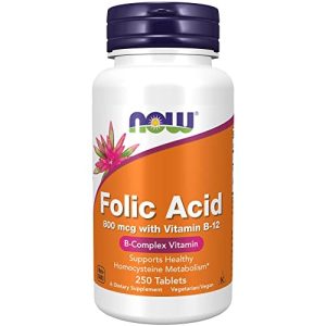 NOW Supplements Folic Acid 800 mcg + B-12 (Cyanocobalamin) 25 mcg Vitamin B Complex 250 Tablets