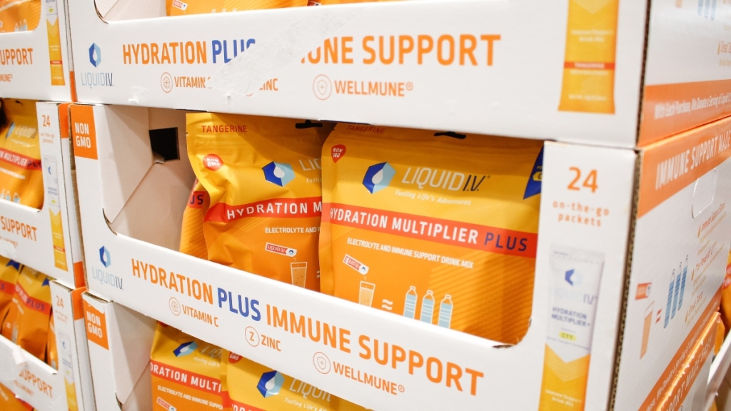 IV liquid water on a grocery store shelf